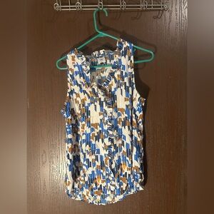 CAbi Women's Sleeveless Top - Blue, Brown, and White Pattern